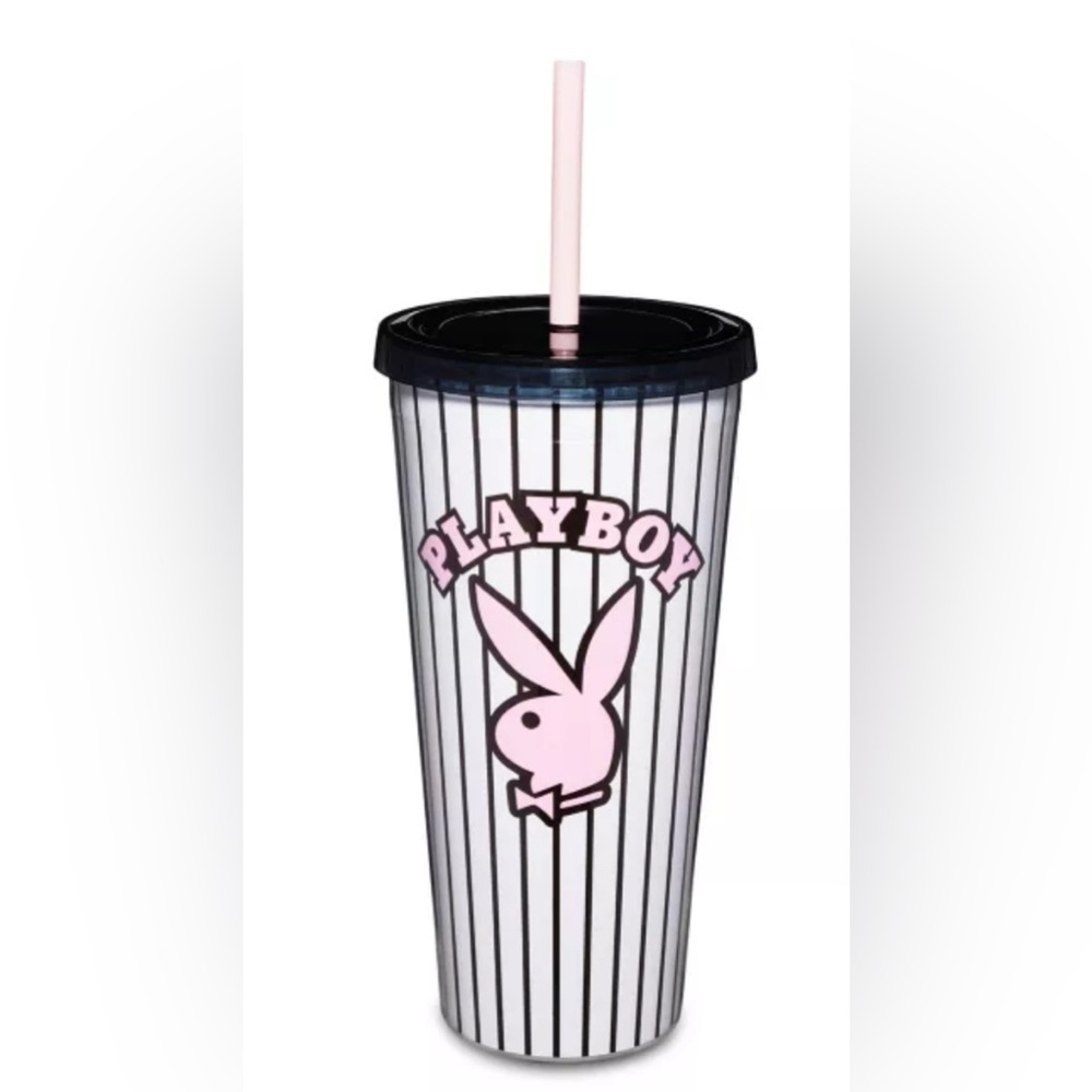 PLAYBOY Pink and Black Pin Striped Cup- NWT